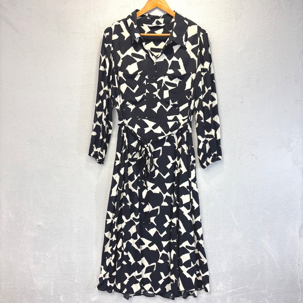 Zara Geometric Lightweight Maxi Dress Women XXL Black White Abstract Belted 2XL